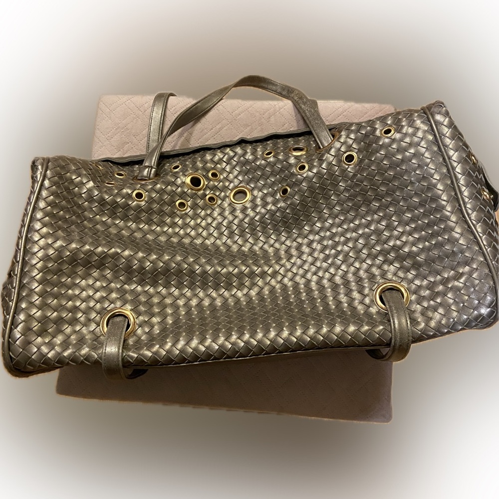 Bueno braided faux leather gold travel bag with gold eyelet accents